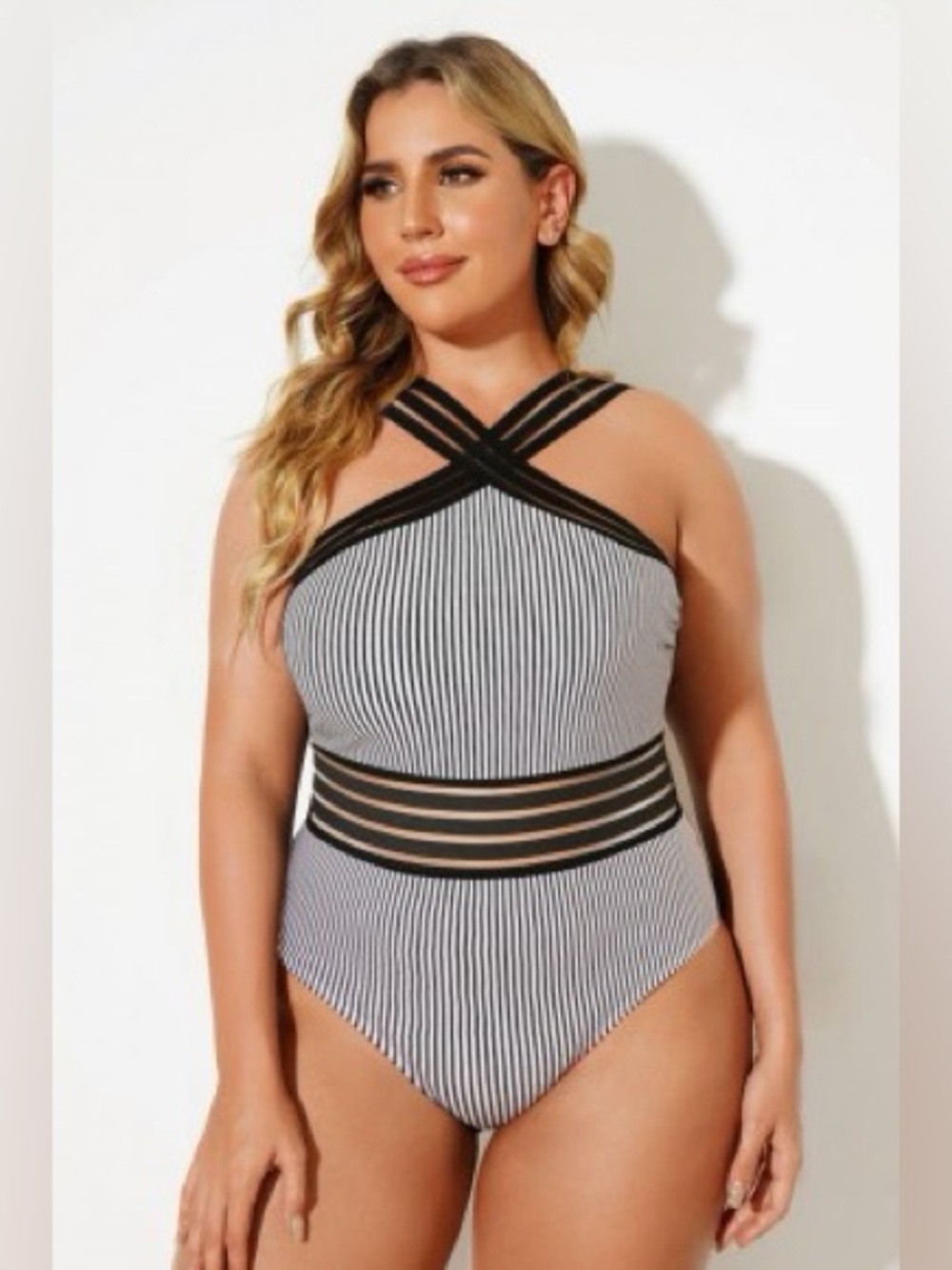 Meet.Curve High Stretch Crisscross Neck Mesh One Piece Swimsuit Plus Size 2X NWT
